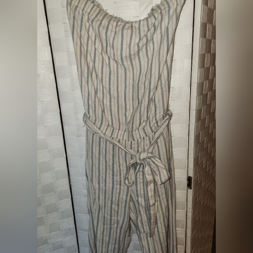 Cloth & Stone Anthropolgie Linen Blend Striped Jumpsuit in Cream and Blue Sz S - Picture 5 of 6